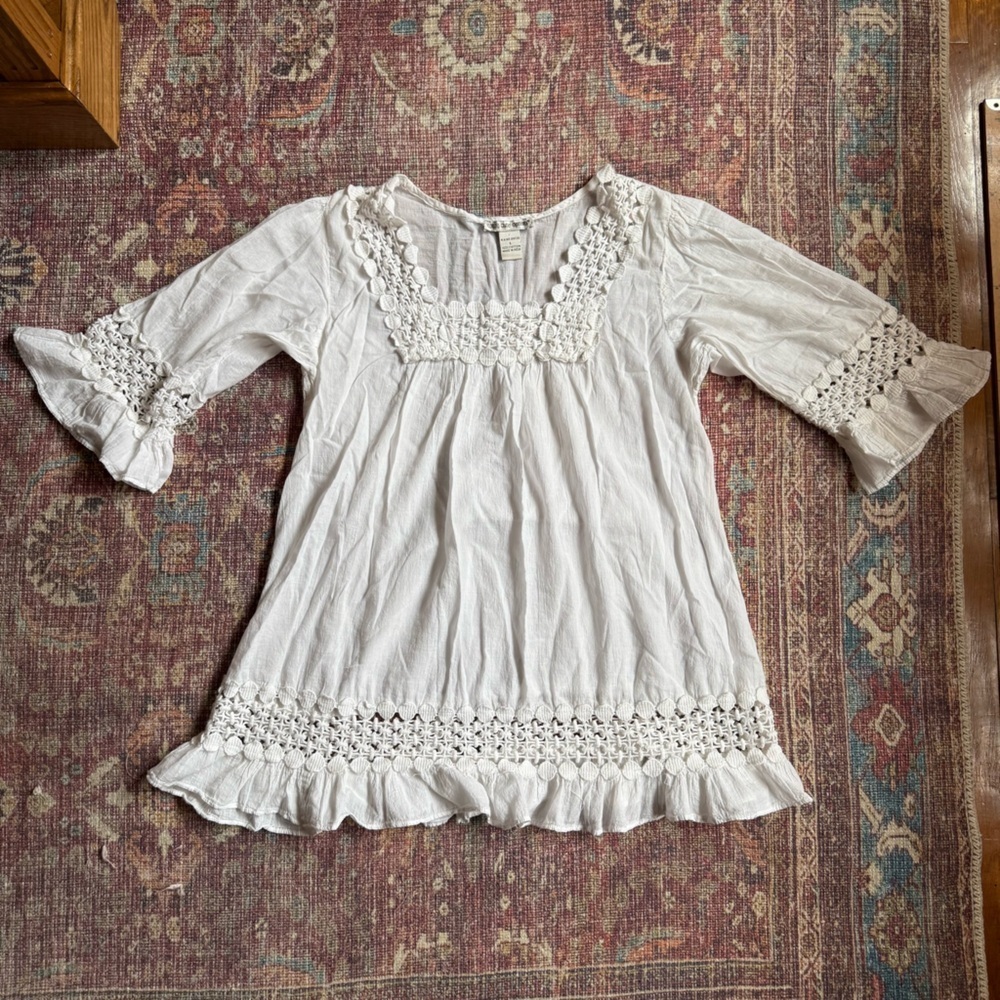 Cute Options 100% Cotton India made White Crochet Trim Blouse Large